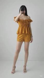 Butterfly Sleeves Ruffled Hem Terno Short Two Pocket Womens Casual Bestseller Plaid Design Fashionable Top