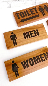 ป้ายห้องน้ำ ป้ายสุขา ทำจากไม้สักเลเซอร์ พร้อมเคลือบแลคเกอร์แล้วค่ะ