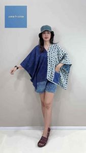 เสื้อกะเหรี่ยงทรงโอเวอร์ไซส์ คอวีหน้า-หลัง สไตล์ทูโทน เนื้อผ้าสาลู2ชั้นกัดลาย +ผ้าสโตน