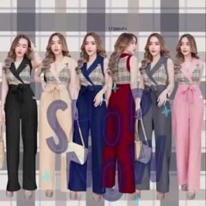 FF17399✔️จั๊มสูทขายาวแขนกุดคอปกอกแต่งลายดูหรูดูแพง