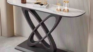 Kệ đứng bàn console trang trí phòng khách cạnh cửa nhà mặt đá chữ nhật chân kim loại hình biểu tượng nguyên tử BC-26