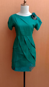 mini midi dress wanita hijau batik rempel M L cewek lengan pendek santai