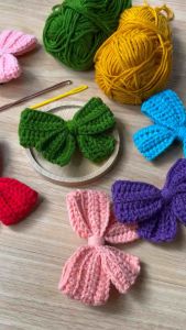 Crochet Bow Ribbon Charm – Handmade Accessory for Hair Bags or Crafts