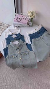 Jeans Crop Shirt Set 👗 - พร้อมส่ง‼️ เซ็ตยีนส์คอปกแขนกุดทรงครอป+กางเกงขาสั้น