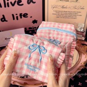 LUNASPACE STUDIO【Sweet Store Supply🎀】日系少女粉色格纹POMPOM小胖包Japanese Cute Ribbon Coins Pouch