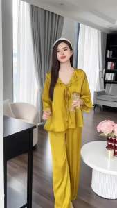 Đồ Ngủ Pijama Lụa HEUN YOUNG Bộ Pijama Tiểu Thư Lụa Latin Tay Lỡ Cột Nơ Quần Dài Freesize 45-65kg