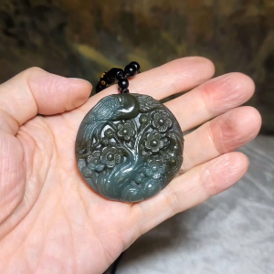 Premium natural Nephrite blue green caramel brown Hundred Blessings Magpie Plum Blossom Jade pendant with certificate