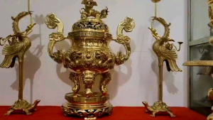 Bộ Đỉnh Thờ Lư Thờ Đồng Ngũ Sự Song Long Chầu Nguyệt cao 50cm chất liệu đồng nguyên chất đúc liền cao cấp