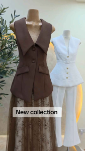 Shimmer ●ชุดเซ็ตเสื้อปกสูทแขนกุด+กระโปรงพิมพ์ลาย