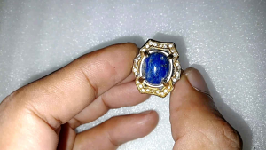 Batu Lapis Lazuli Deep Blue Biru Serat Emas Ring Titanium Size 5 US For Lady Siap Pakai