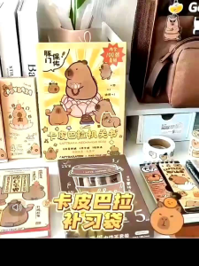 Capybara Waterproof Canvas Student Tote Bag with Detachable Pencil Case Wide Handle 4 Designs Large Capacity