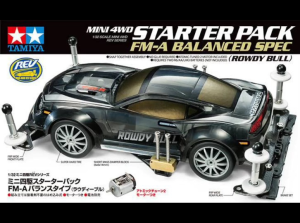 Tamiya Mini 4WD Starter Pack FM-A Balanced Spec Rowdy Bull Ready to Race B-Max Category. Black car with silver wheels gold interior and white suspension components.
