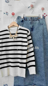 Setelan rajut salur dan rok jeans span