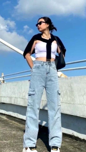 jeans celana cargo haigwaist / celana cargo wanita jeans kekinian