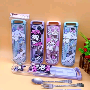 New Sanrio design tableware set with box Kuromi melody Children Students Stainless Steel Chopsticks Fork Chopsticks spoon