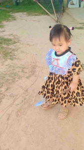 พร้อมส่ง ชุดเดรสเด็กลายเสือคอแต่งระบายผ้าลูกไม้กระโปรงผ้าต่อเป็นชั้นระบาย