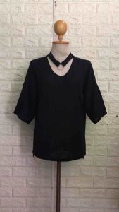 เสื้อยืดสาวอวบ แขนสั้น คอแต่งห่วง ผ้าไหมพรม สีดำ สวยๆ สาวตัวเล็กใส่ได้ น่ารักมาก
