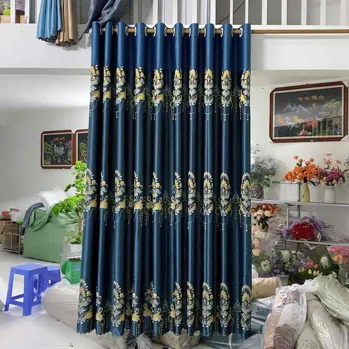 Rèm gấm xanh hoạ tiết, vải dày đẹp, màu thời thượng, rèm cửa sổ, cửa ...