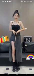 Chân váy jean nữ xẻ tà có quần trong HAI MÀU