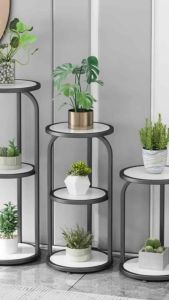 Kệ mặt đá tròn lọt với khung kim loại 3 thanh trụ sơn tĩnh điện để chậu hoa trưng bày sản phẩm trang trí nhà KH-01