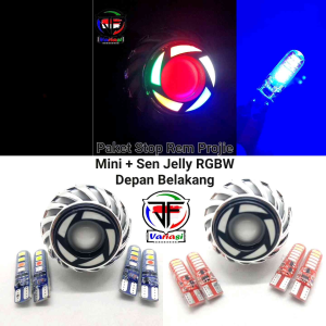 Paket Lampu Stop Rem PROJIE MINI RGBW LED & Lampu Sein Depan Belakang Jelly RGBW 3 Warna dan 4 Warna Running Flash DC 12 Volt Universal