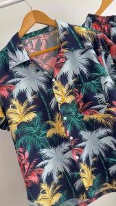 ชุดเซ็ตฮาวาย+กางเกงขาสั้น ลายมะพร้าวเชิงดอย ชุดคู่ ชุดครอบครัว ชายหญิงใส่ได้ ผ้าไหมอิตาลี พร้อมส่งจากไทย