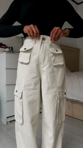 Celana Baggy Jeans Wanita > Celana Jeans Cargo Putih Wanita Korean Style Hightwaist