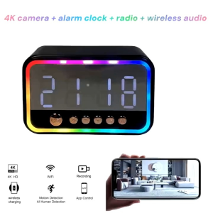 4K Alarm Clock Hidden Camera with Wi-Fi Colorful Display Bluetooth Speaker and FM Radio. Features Night Vision/Motion Detection Supports Memory Card and Mobile App Remote Monitoring