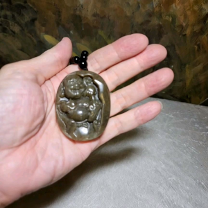 Premium caramel brownish Nephrite Laughing Buddha Jade handheld (with certificate) 和田玉且末糖笑口常开弥勒佛手把(带证书)