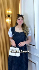 Dress Jeans Kombinasi Katun Jumbo / Baju Dress Wanita Lengan Pendek Karet Pinggang Snow Casual Ready Mini