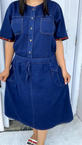 Dress Jeans Wanita Lengan Pendek dan Panjang Tali Serut Pinggang Karet Kancing Polos Cantik Baju Kondangan Pesta