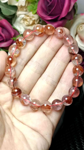 Premium Grade 100% Natural Hematoid  Quart - Multi-inclusions Crystal 9MM+/ 极品冰透体100%纯天然红胶花火焰红花片水晶手串 9MM+（天然鸩羽幽灵）