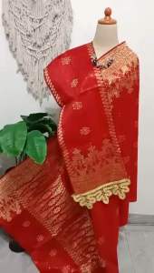 Songket silungkang full kristal gliter merah cabe