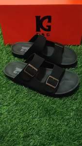 KG 02 Hitam - Sandal Kulit Slide Pria Merk K&G Kulit Sintetis Premium Asli 100%