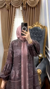 Dress Ziana Premium Ori – Long Dress Marbella Silk Mix Organza Print | LD 110 | Dress Muslimah Elegan Pesta / Kondangan / Harian