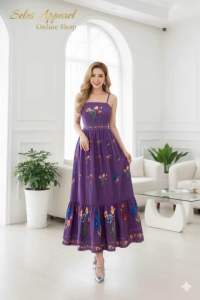 WOMEN CLOTHING SUMMER DRESS SLEEVELESS STRAP MAXI DRESS WITH FLORAL BOTANICAL EMBROIDERY DESIGN PRINTS MAXI DRESS