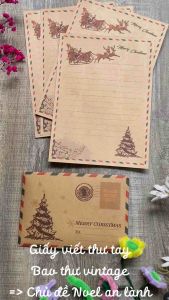 [Combo 5 bao thư 5 giấy viết thư] chủ đề Giáng sinh an lành mùa Noel hạnh phúc yêu thương. Chất giấy kraft đẹp retro