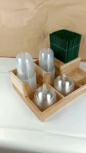 กล่องไม้ใส่แก้ว ฝา หลอด 6ช่อง ใส่แก้วโอ่งได้ ไม้สักแท้ สำหรับร้านกาแฟ/คาเฟ่ จัดระเบียบใช้งานง่าย