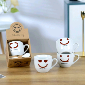 gelas teh emoji mug Keramik kopi teh lucu + sendok imut cangkir lucu karakter murah bisa cod