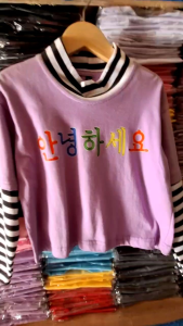 CAUAPPAREL T-shirt Crop Lengan Panjang Kombinasi Grafis Buat Anak Perempuan Usia 1 - 11 Tahun Bergambar An-nyeong-HASEO KoreanStyle Bergaya Kasual