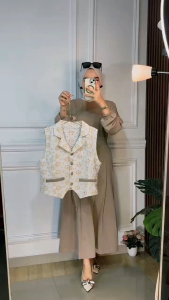 Desya Setelan Baju Muslim Wanita Modis – Setelan Inner Marbella + Rok Panjang + Vest Linen Embroidery Premium
