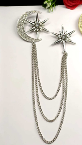 Bros Pin Rantai Jas Rumbai Desain Bulan Bintang Pria dan Wanita / Bros Janggan