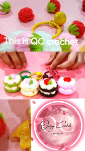 Crochet Mini Cake Keychain - Cute - Door Gift - Birthday - Handphone - Wedding - Handmade with Love - O ring with Bell Rings - Strawberry - Matcha