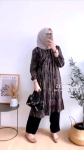 Setelan Tunik Motif Terbaru ZERMY SET LONG TUNIK Rayon Premium Setelan Tunik Terbaru Wanita Muslimah Kekinian