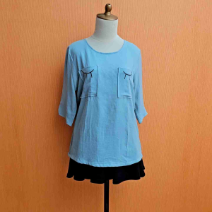 atasan wanita biru muda pastel L XL cewek blouse lengan pendek santai