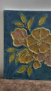 ศิลปะพื้นผิว สีฟ้านกยูง สีทองแวววาว ขนาด : 50 x 50 ซม. Textured Art Peacock blue Shimmery gold | Handpainted Textured Art