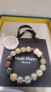 MHU-0025 和田玉，象牙果小熊，橄榄核雕葫芦，琉璃 ，天然水晶 女款手链  孤品原创设计 礼盒装赠手作火漆印章 crystal bracelet Handmade Gelang Tangan Perempuan