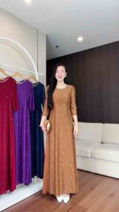 Đầm giả áo dài [Salu store] mã VH789 bên ngoài chất ren lưới bên trong lót voan + thun đính đá pha lê cao cấp mát nhẹ sang trọng có size từ 45kg đến 75kg