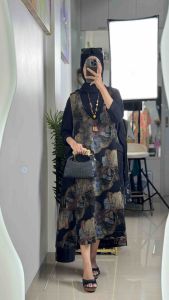 LC1395 Premium Oversized Midi Dress Denim Motif Bunga Fashion Korea Terbaru