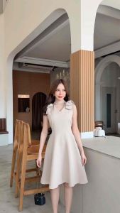 Freya dress🎀🎀 เดรสเเขนกุดเเต่งโบว์ไหล่ ผ้าบาร์บี้